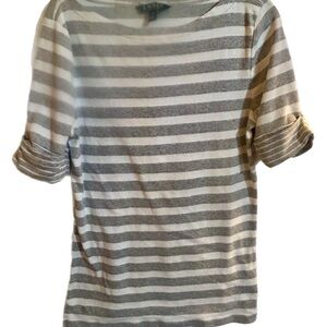 Lauren Ralph Lauren Gray & White Stripe Cotton Top Women’s Large
